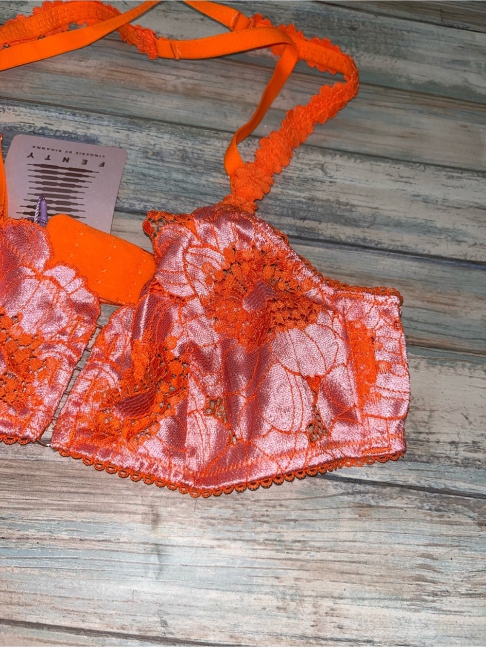 NWT Savage X Fenty Perfect Poppies Unlined Lace Demi Bra Pink Orange S - Picture 4 of 5